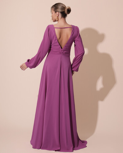 FotoVestido de Festa Manga Longa com Cintura Drapeada Decote V Fúcsia