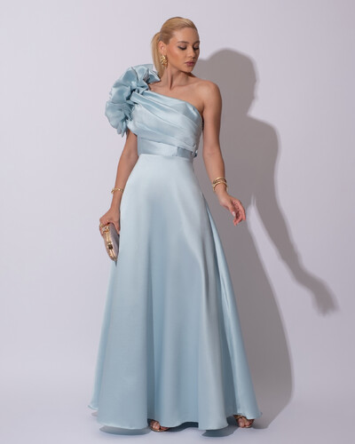 Foto Vestido de Festa Longo Zibeline um Ombro Só Flor Drapeado Tiffany