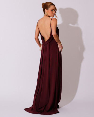 Foto Vestido de Festa Longo Crepe Chiffon Costas Lenço Cauda Marsala