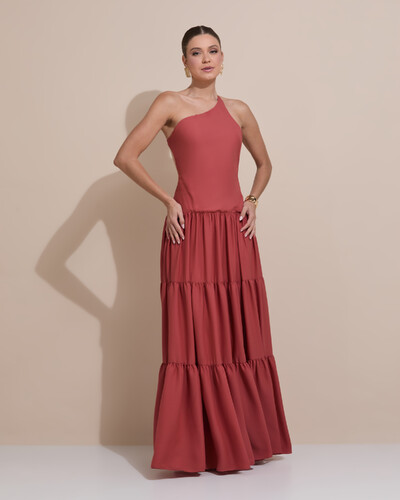Foto Vestido de Festa Longo Um ombro Só Crepe Chiffon Saia Fluida Terracota