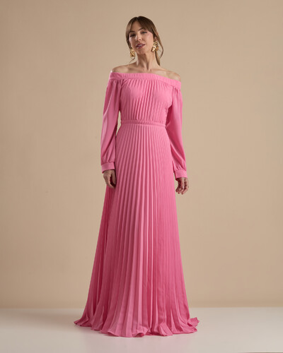 Foto Vestido de Festa Longo Crepe Chiffon Plissado Ombro a Ombro Rosa