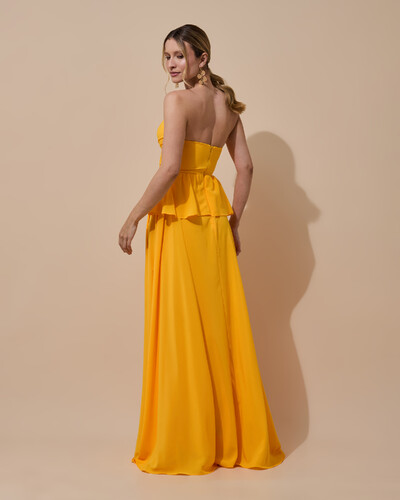 Foto Vestido de Festa Longo Crepe Chiffon Tomara que Caia Peplum Drapeado Laranja Manga New