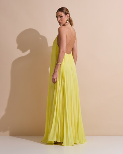 Foto Vestido de Festa Longo Frente Única Plissado Crepe Chiffon Argola Amarelo manteiga