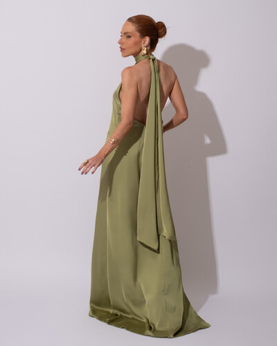 FotoVestido de Festa Gola Alta com Decote nas Costas Acetinado Verde Pistache