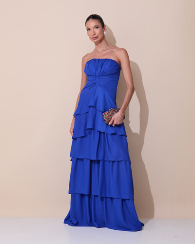 Foto Vestido de Festa Longo Tomara que Caia Drapeado Crepe Chiffon Babados Camadas Azul Royal