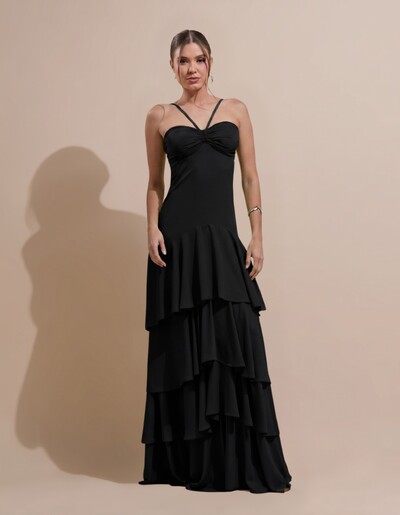 Foto Vestido Longo Crepe com Babado em Camadas Preto