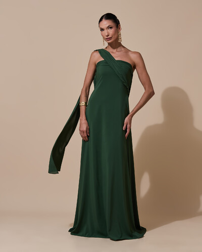 Foto Vestido de festa Longo Tomara que Caia Crepe Chiffon Drapeado Lenço Verde Militar