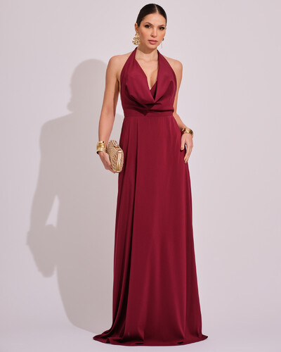 Foto Vestido de Festa Longo com Decote Degagê Marsala