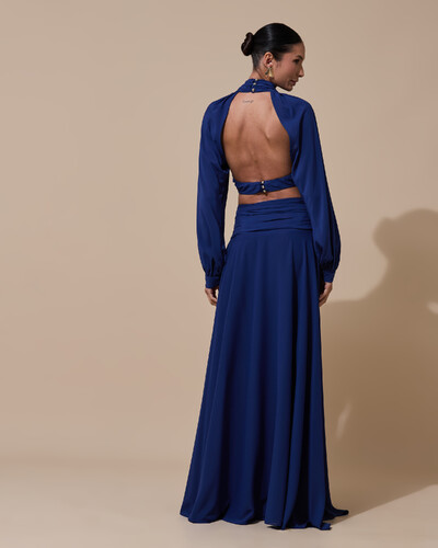 Foto Vestido de Festa Longo Gola Alta Crepe Chiffon Recortes Drapeado Manga Longa Fenda Azul Marinho