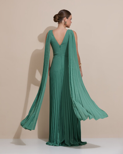 Foto Vestido de Festa Longo Crepe Chiffon Plissado com Lenço nas Alças Verde Matcha Escuro