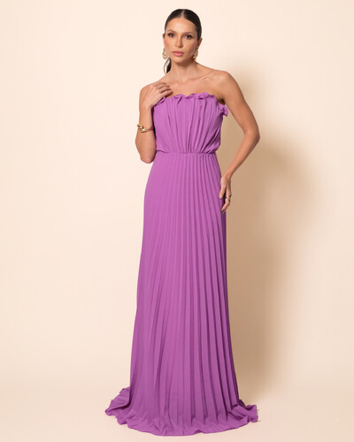 Foto Vestido de Festa Longo Tomara que Caia Plissado Detalhe Fúcsia