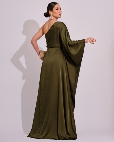 FotoVestido Longo de Cetim Fluido uma Manga e Detalhe Torcido Verde Oliva