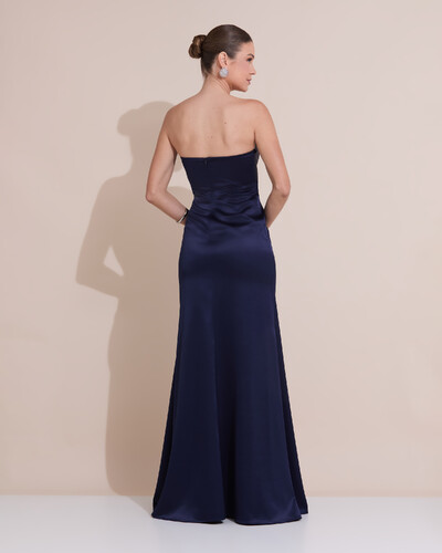 Foto Vestido de Festa Longo Cetim Alfaiataria Tomara que Caia Fenda Azul Marinho