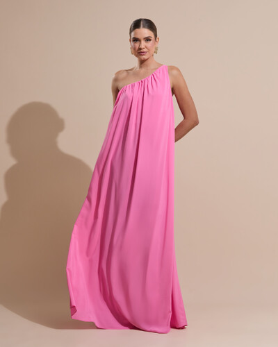 Foto Vestido de Fersta Longo Crepe Fluido um Ombro Só com Lenço Rosa