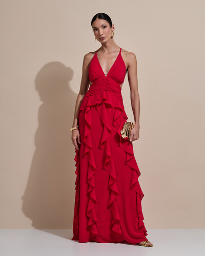 Foto Vestido de Festa Longo Decote V Recortes Drapeado Crepe Chiffon Babados Cascata Vermelho