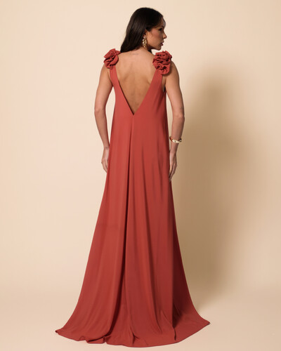 FotoVestido de Festa Longo Crepe Chiffon Fluido Decote em V Flores Terracota