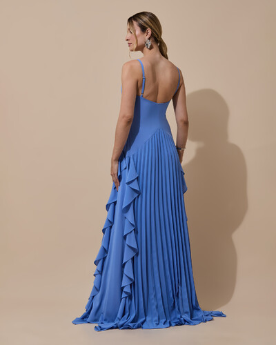 Foto Vestido de Festa Longo Crepe Chiffon Alça Fina Saia Plissada com Babado Cascata Azul Atlantis