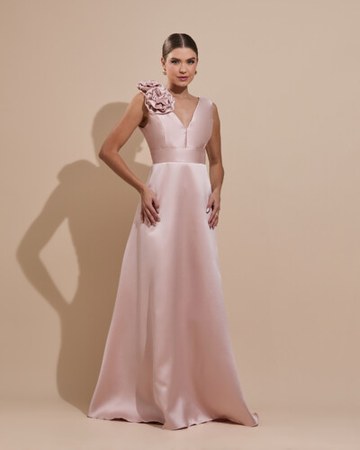Foto Vestido de Festa longo Zibeline Decote em V com Flores Removivel Rose Nude