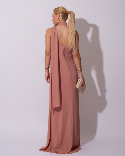 FotoVestido de Festa Longo Crepe Chiffon Um Ombro Só Drapeado Lenço Fixo Rose