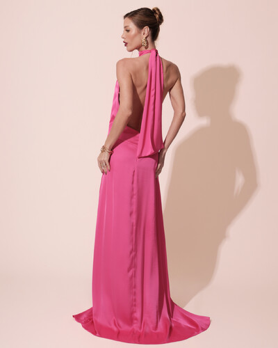 FotoVestido Longo de Festa Cetim Fluido Gola Alta e Babado Cascata Pink