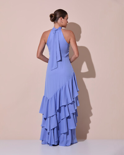 Foto Vestido de Festa Longo Chiffon Crepe Gola Alta Babados Azul Atlantis