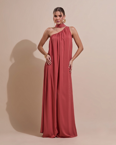Foto Vestido de Festa Longo Crepe Fluido um Ombro Só com Lenço Terracota