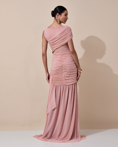 Foto Vestido de Festa Longo Tule Faixa Detalhe Drapeado Rose