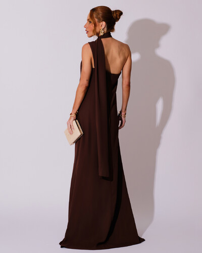 FotoVestido de Festa Longo Crepe Chiffon Um Ombro Só Drapeado Marrom