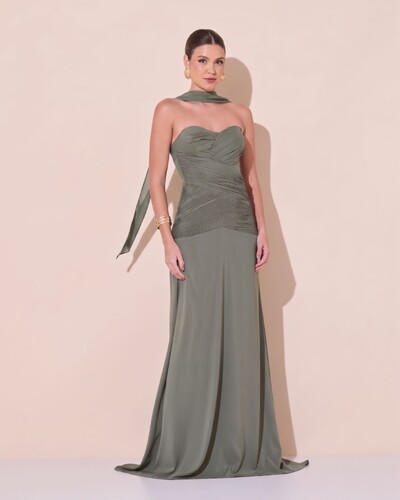 Foto Vestido de Festa Longo Decote Coração Crepe Chiffon Drapeado Plissado Lenço Verde Oliva