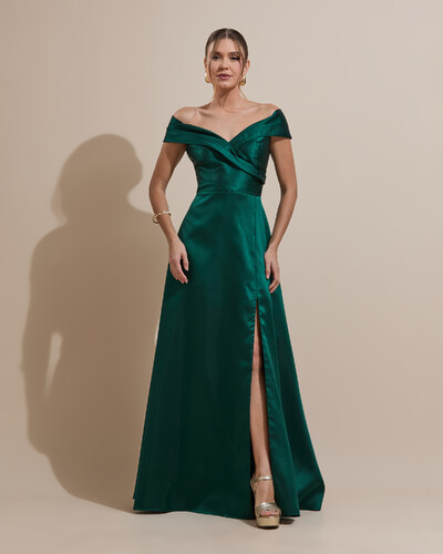 Foto Vestido de Festa Longo Zibeline Ombro a Ombro com Fenda Verde Escuro