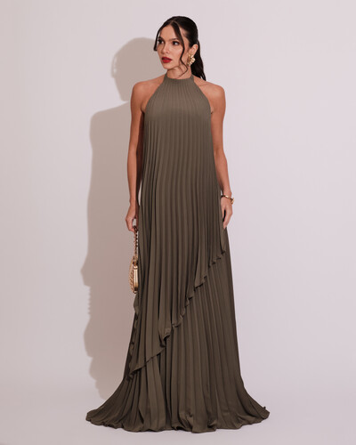Foto Vestidos de Festa Longo Chiffon Fluido Frente Única Plissado Duplo Verde Oliva