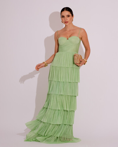 Foto Vestido de Festa Longo Tule Glitter com Camadas Verde Lima