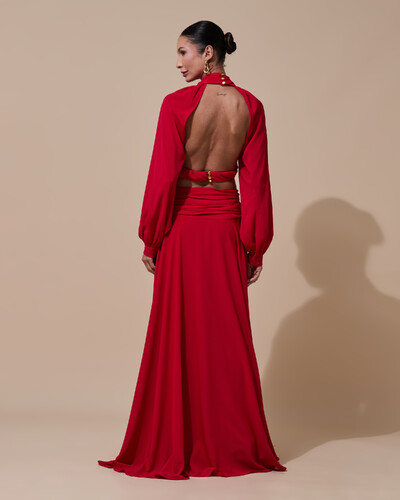 Foto Vestido de Festa Longo Gola Alta Crepe Chiffon Recortes Drapeado Manga Longa Fenda Vermelho