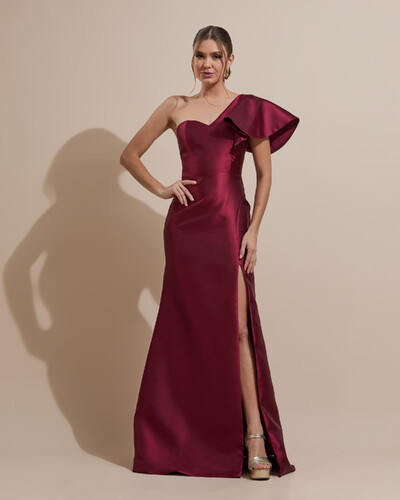 Foto Vestido de Festa Longo um Ombro Tomara que Caia Zibeline Marsala Escuro