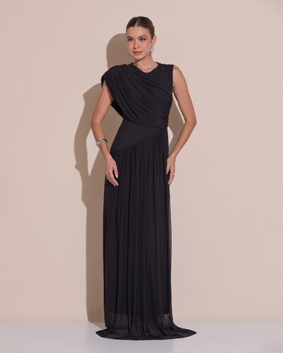 Foto Vestido de Festa Longo Capa Drapeado Tule Saia Fluida Preto