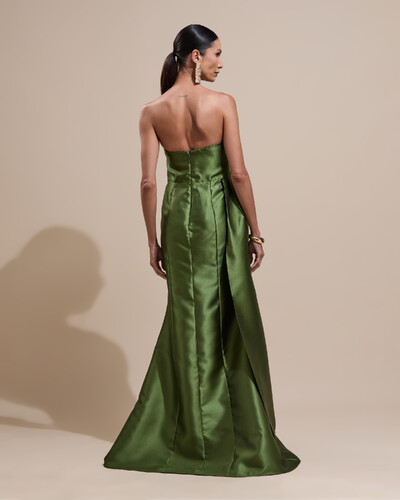 Foto Vestido de Festa Longo Tomara que Caia Zibeline Drapeado e Faixa Verde Oliva New