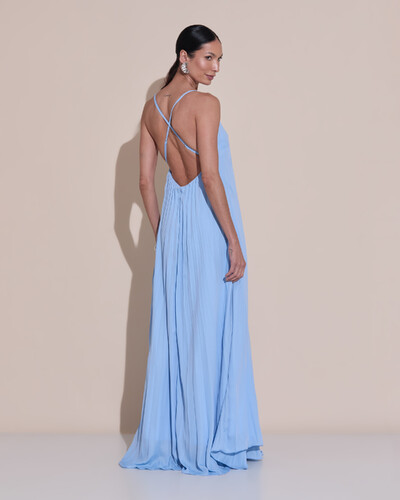 Foto Vestido de Festa Longo Plissado Crepe Chiffon Decote V Alças Finas Serenity