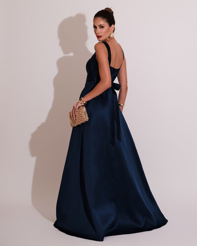 FotoVestido de Festa Longo Zibeline com Fenda e Faixa Azul Marinho