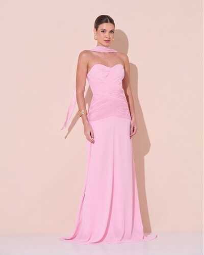 Foto Vestido de Festa Longo Decote Coração Crepe Chiffon Drapeado Plissado Lenço Rosa Claro