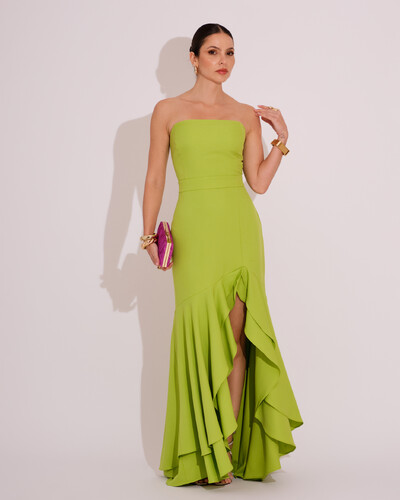 Foto Vestido Longo com Fenda de Babados Alfaiataria Verde Lima