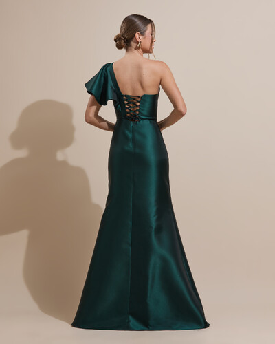 Foto Vestido de Festa Longo um Ombro Tomara que Caia Zibeline Verde Escuro