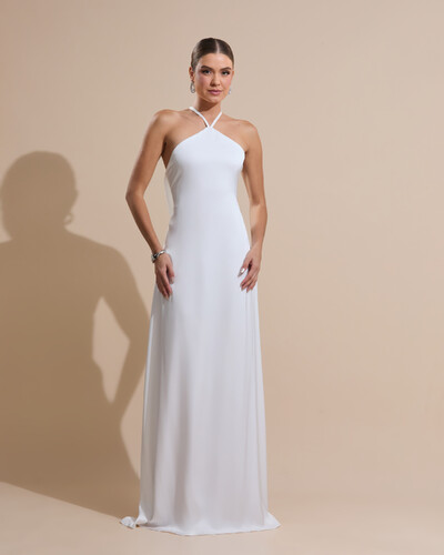 Foto Vestido Longo de Cetim com Decote Triangular e Amarração nas Costas Degagê Branco