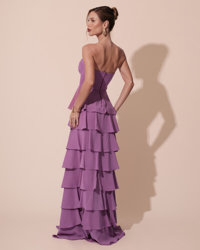 FotoVestido Longo Crepe Chiffon Tomara que Caia Plissado em Camadas Fúcsia