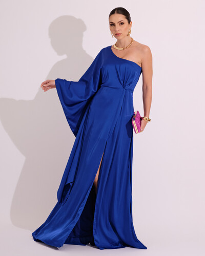 Foto Vestido Longo de Cetim Fluido uma Manga e Detalhe Torcido Azul Royal