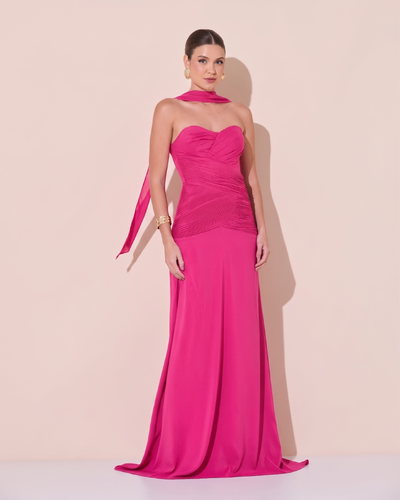 Foto Vestido de Festa Longo Decote Coração Crepe Chiffon Drapeado Plissado Lenço Pink Escuro