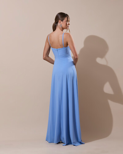 Foto Vestido de Festa Longo Crepe Chiffon Drapeado com Alças e Saia Fluida Azul Serenity