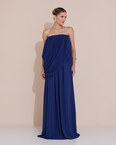 Foto Vestido de Festa Longo Tomara Que Caia Crepe Chiffon Drapeado Azul Marinho