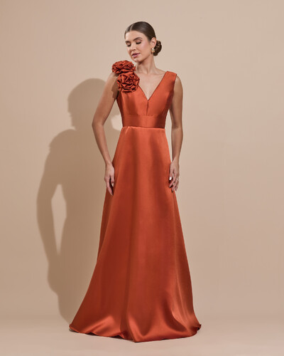 Foto Vestido de Festa longo Zibeline Decote em V com Flores Removivel Terracota