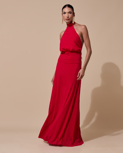 Foto Vestido de Festa Longo Frente Única Busto Blousê Crepe Chiffon Drapeado Vermelho