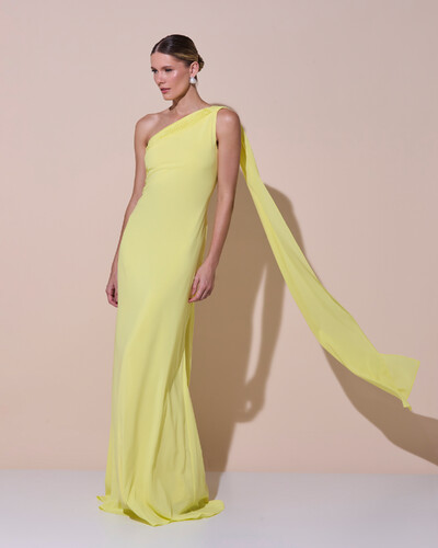 Foto Vestido de Festa Longo Crepe Chiffon Um Ombro Só Drapeado Amarelo Manteiga